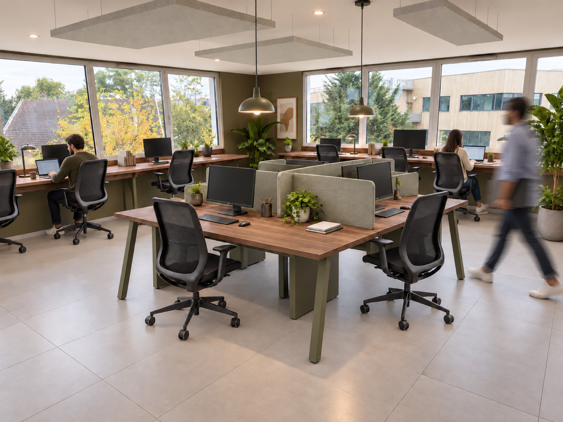 Projection de l’open space : bureaux en noyer, lumière naturelle et séparateurs acoustiques