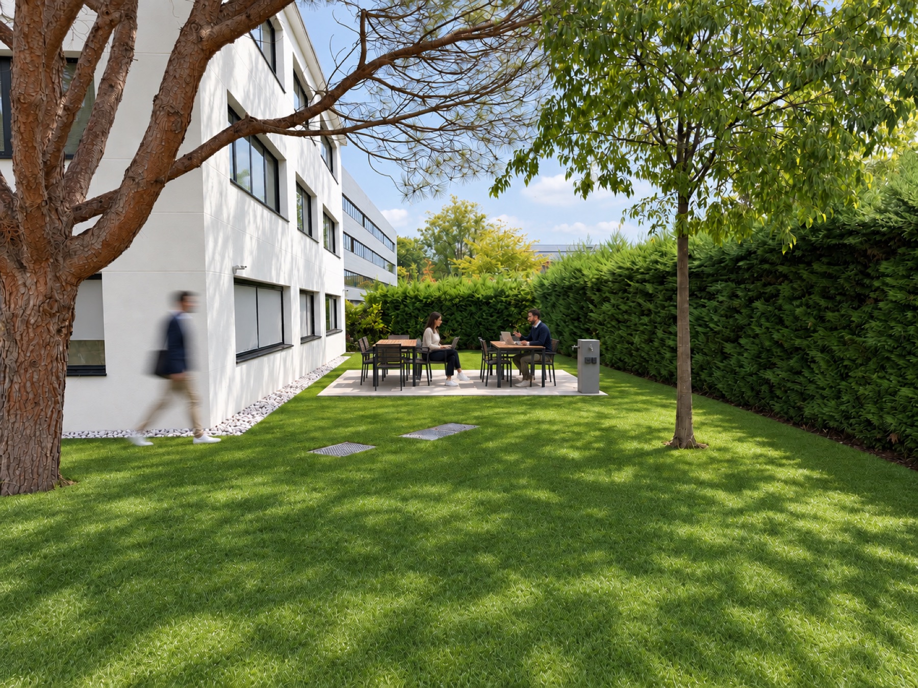 Projection de la terrasse avec deux tables dans le jardin